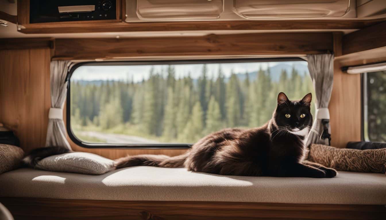 A cat lounging comfortably in an RV next to a cozy window perch.