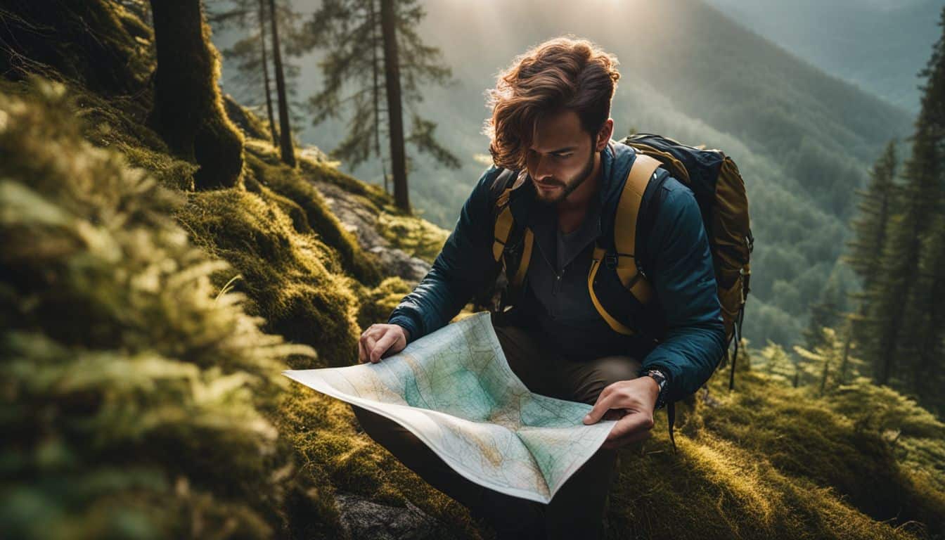 A hiker reading a map in a dense forest.