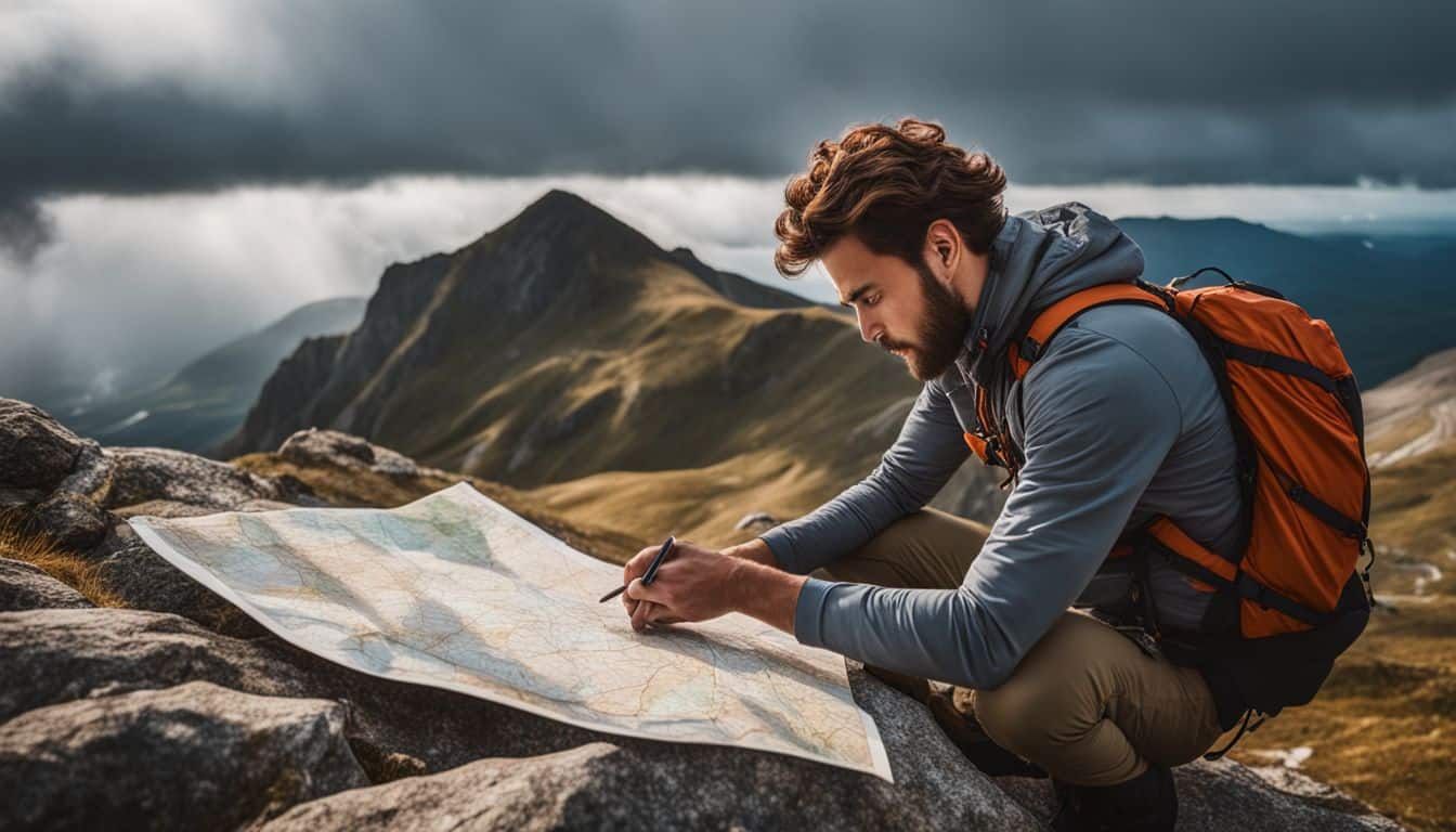 A confident hiker reads a map on a mountain summit.