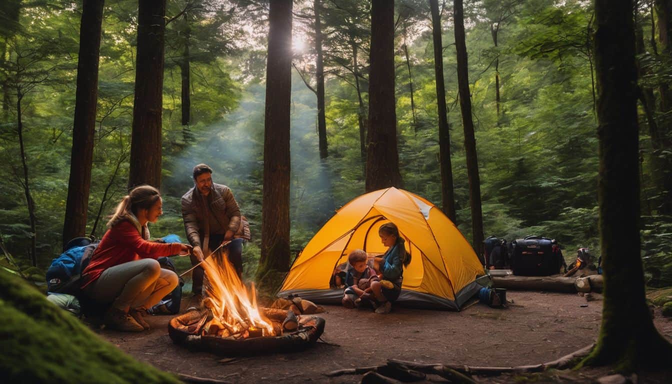 A family setting up camp in a lush forest.