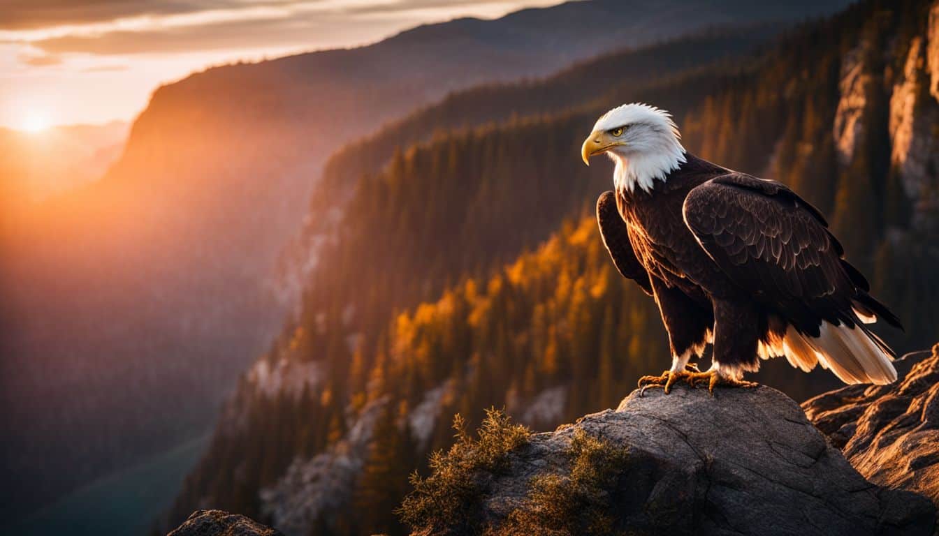 A majestic bald eagle perched on a cliff with a setting sun.