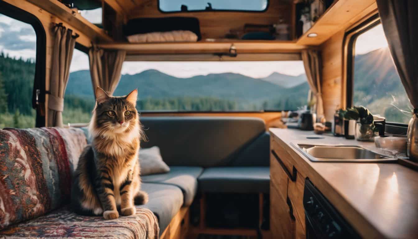 A person and their cat enjoying a cozy camper van in nature.