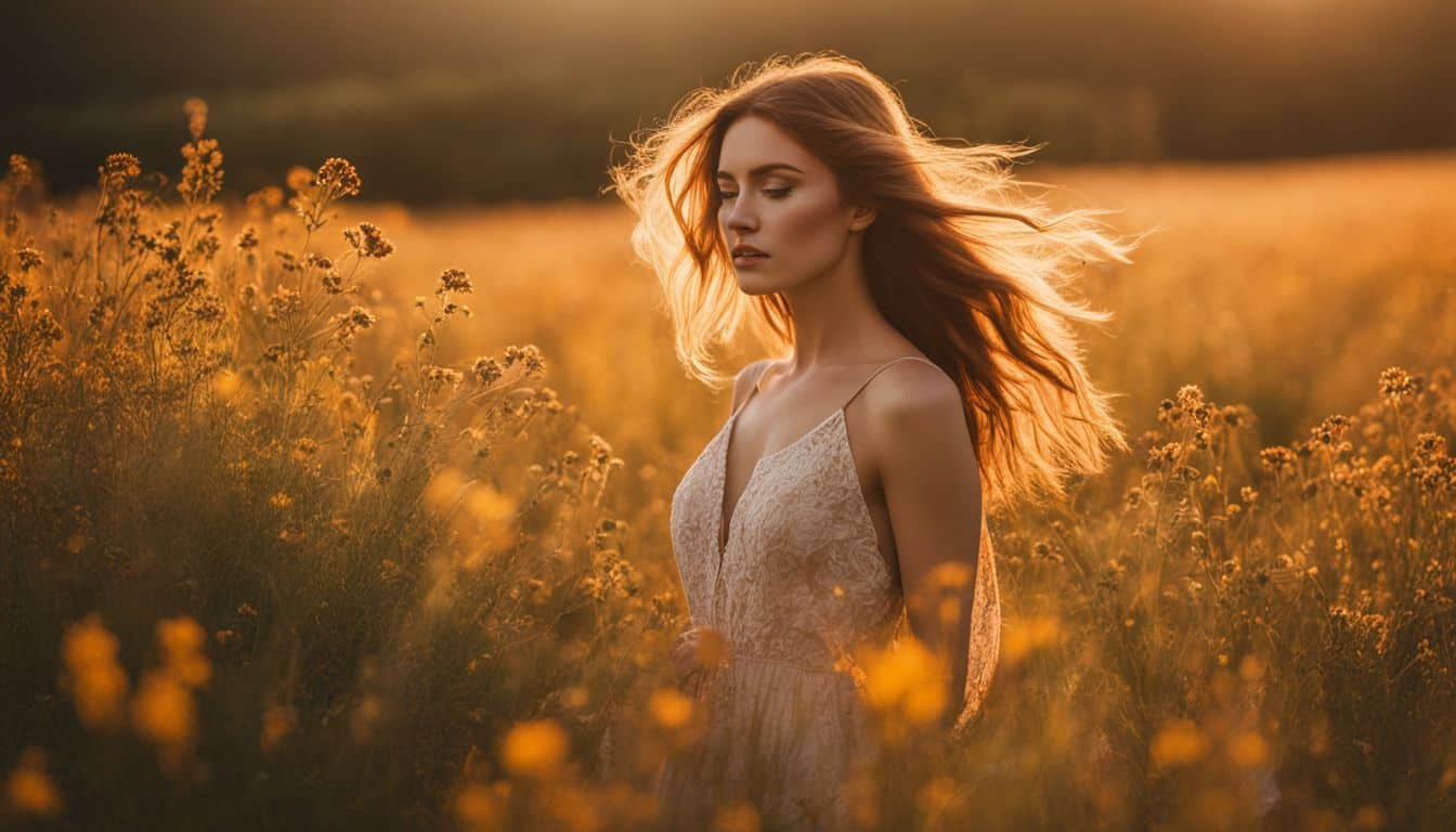 A model posing in a field of wildflowers at sunset.