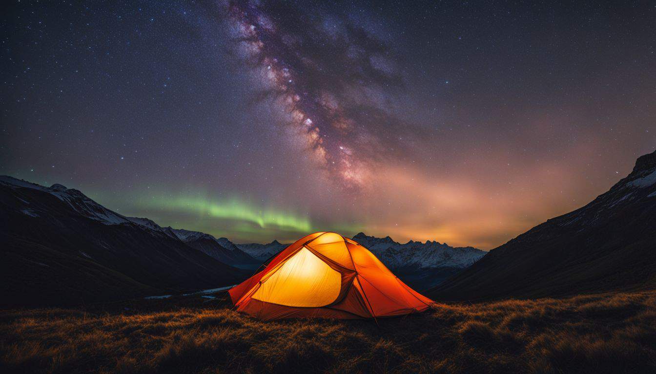 A group of diverse people enjoying a glowing tent under a star-filled sky in the wilderness.