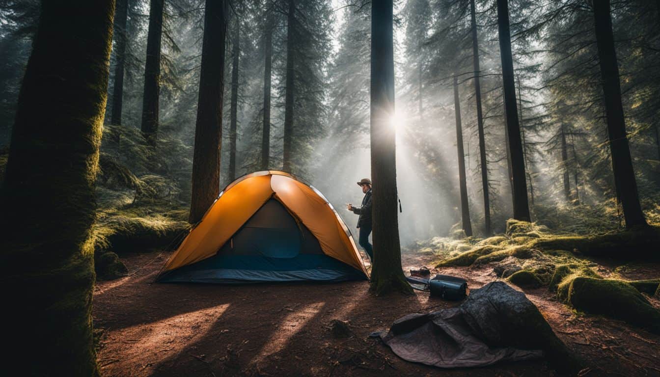 A solo camper setting up a tent in a forest.
