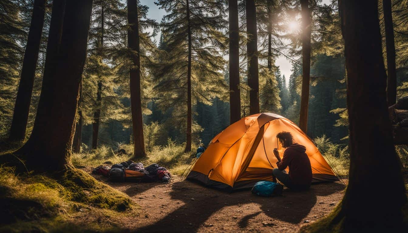 A solo camper setting up a tent in a peaceful forest clearing.