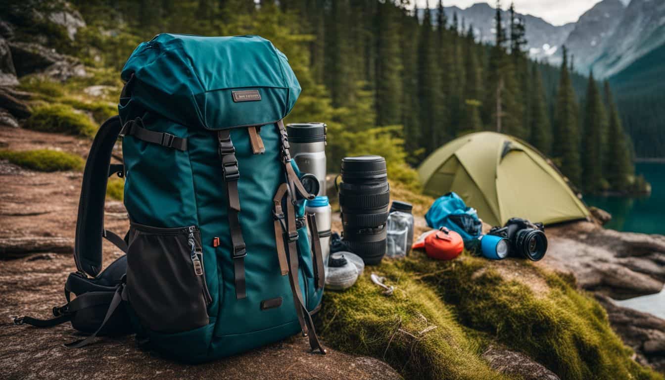 A sustainable backpack and camping gear in a natural setting.