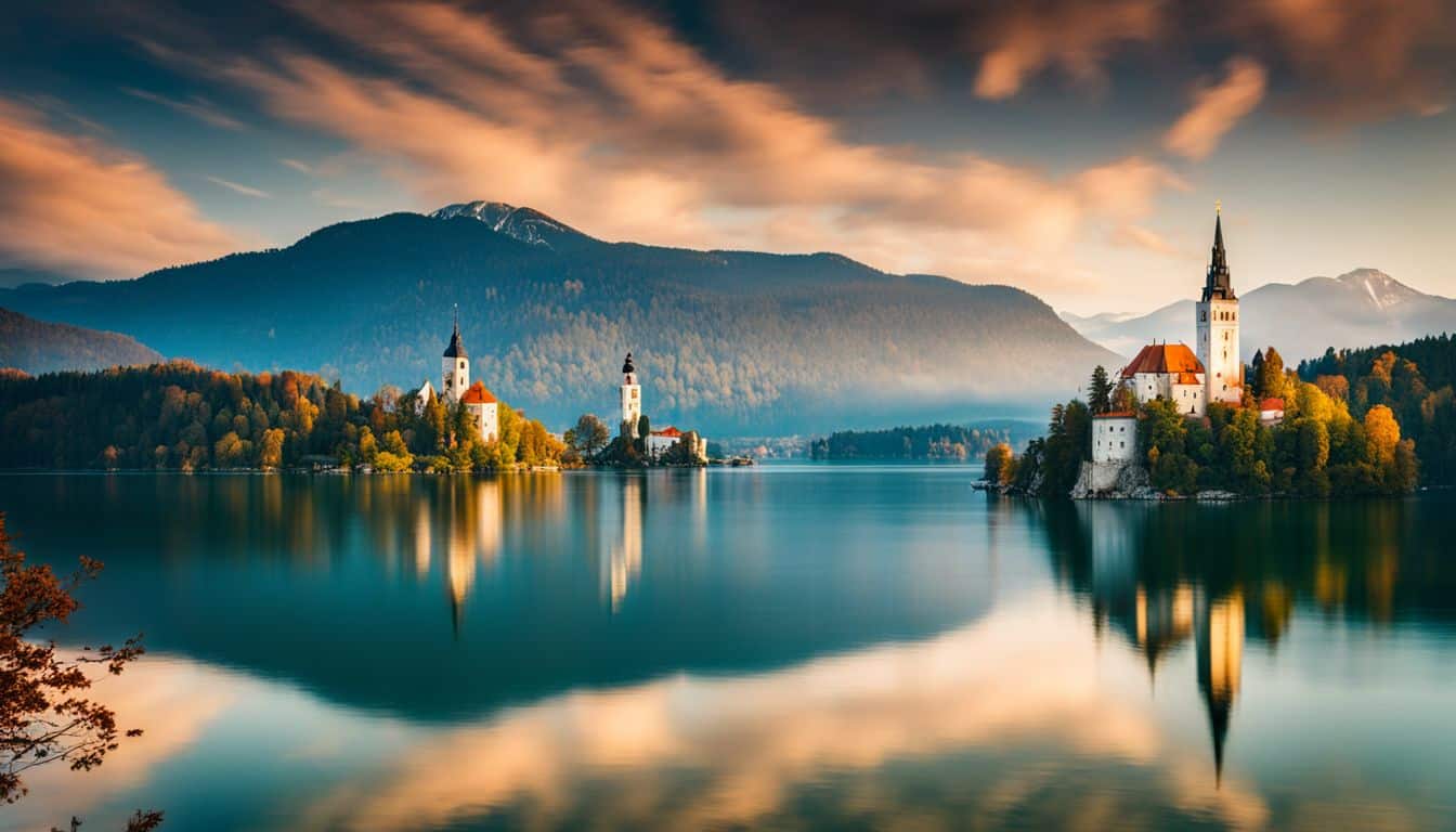 A scenic view of Lake Bled with its iconic church and castle.