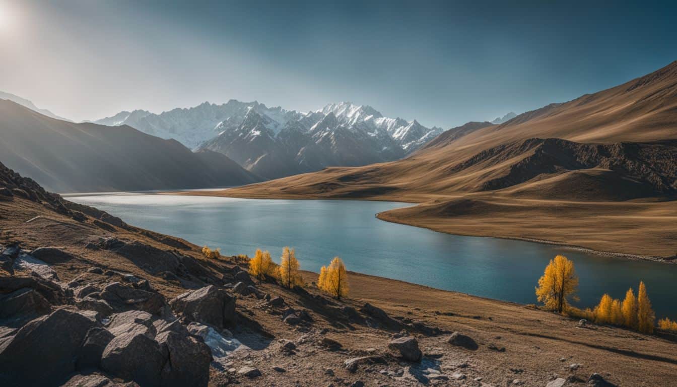 A stunning landscape of the Tien Shan mountains and alpine lakes.