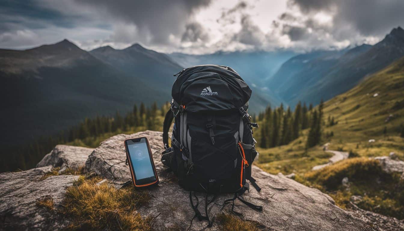 A backpack with a GPS device on a mountain trail.