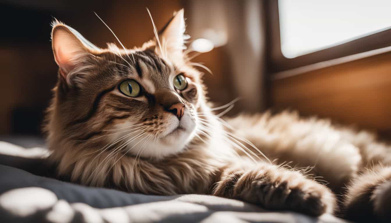A cat lounges on a cozy bed in a sunlit mobile home.