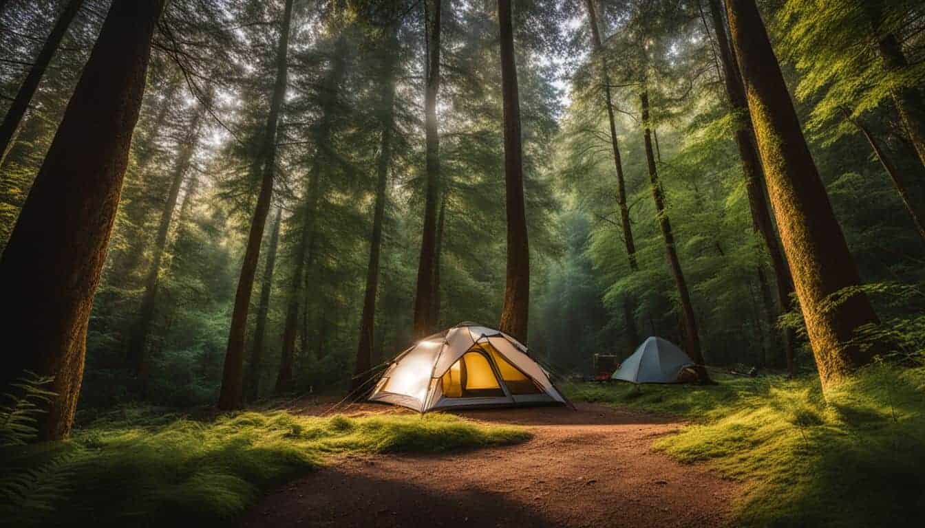 A spacious camping tent set up in a lush, green forest.