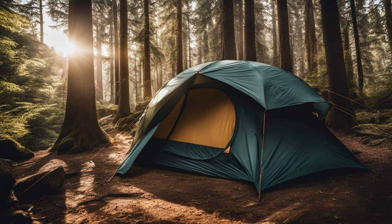 A ventilated camping tent in a shaded forest with different people.