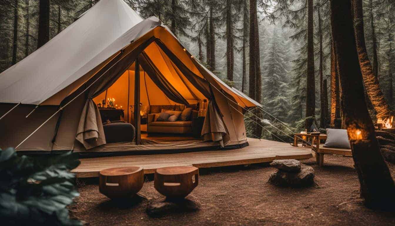 A luxurious glamping tent in a picturesque forest with well-dressed people.