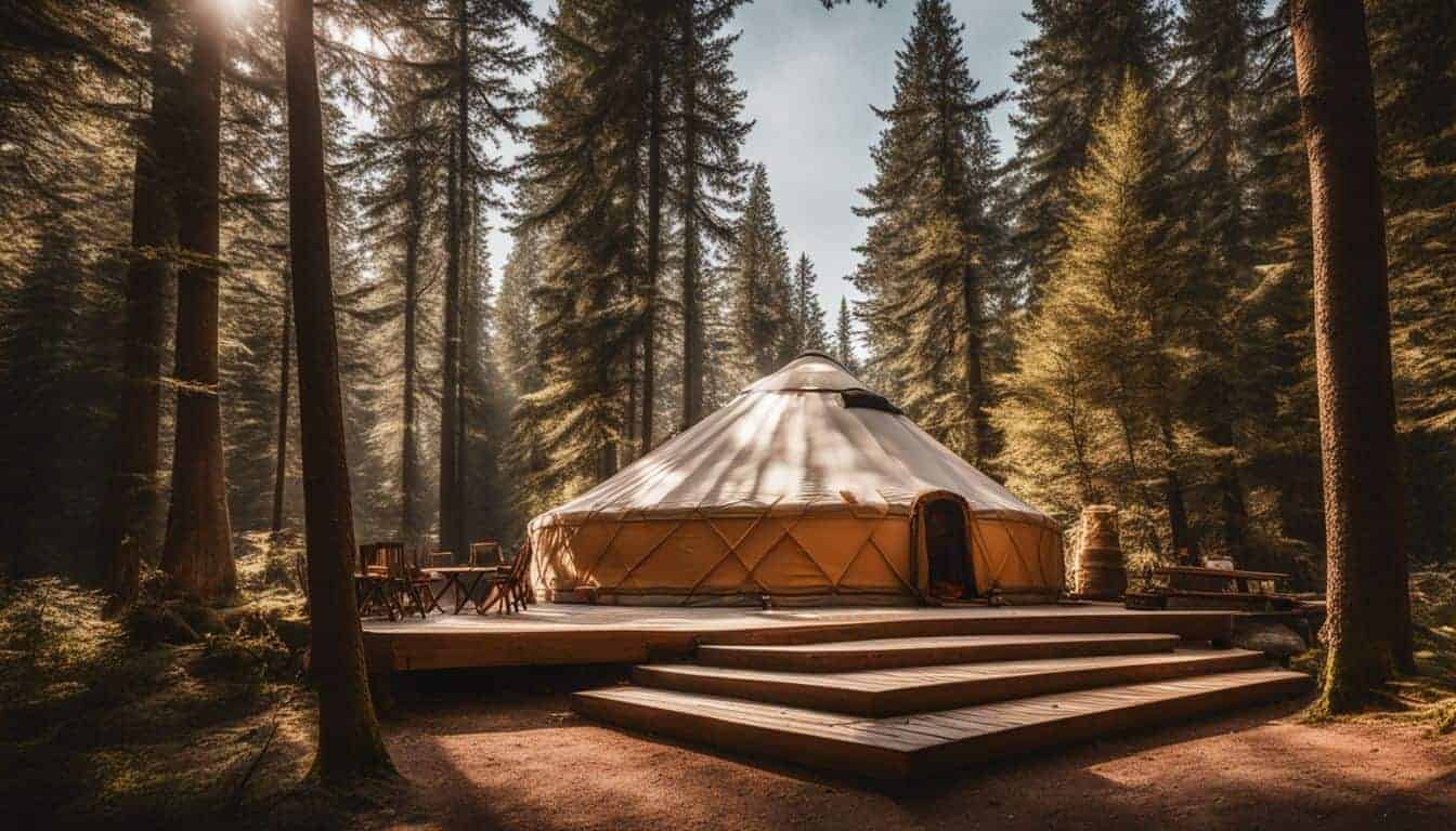 A cozy yurt in a serene forest setting captured with crystal clear detail.