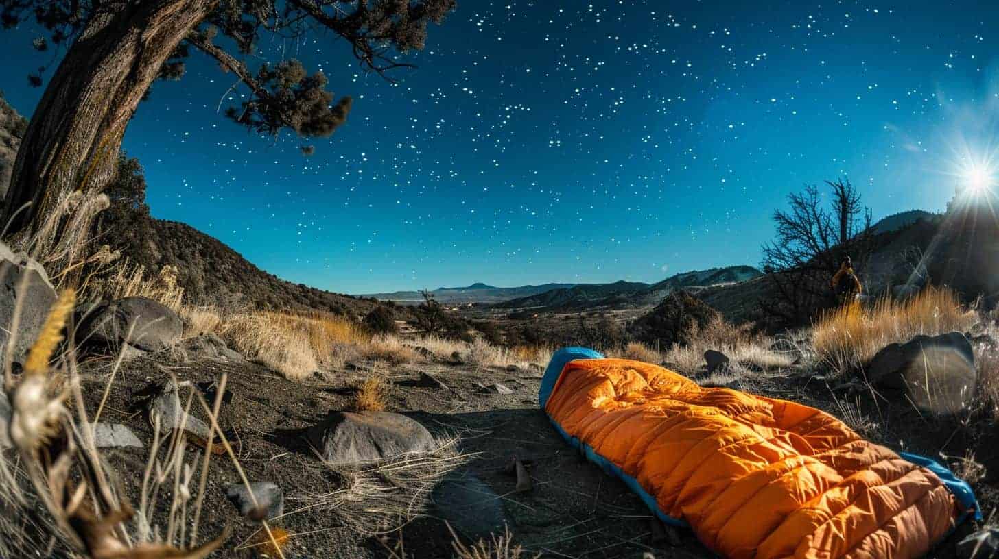 A sleeping bag under a starry sky in the open wilderness.