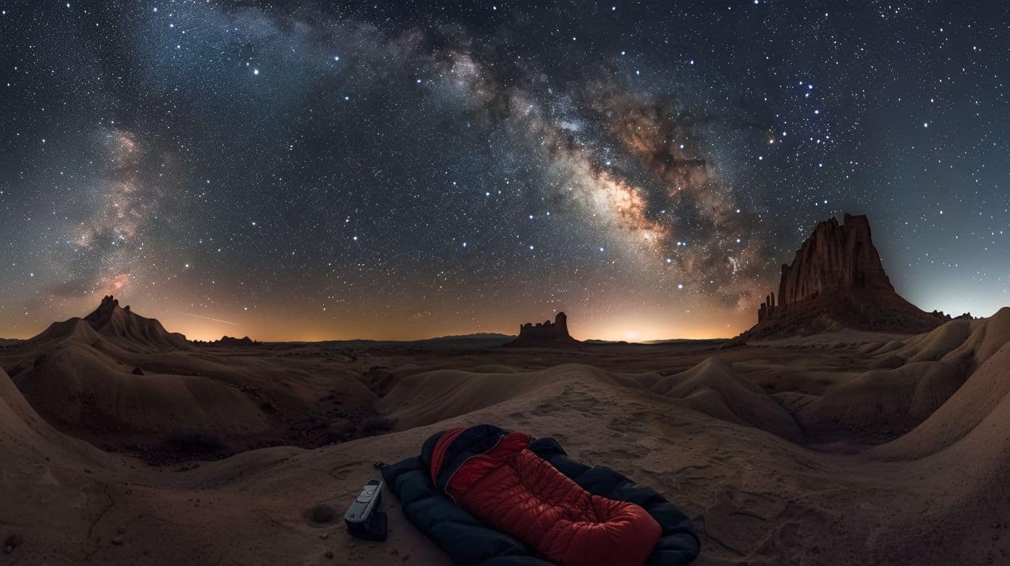 A sleeping bag under a starry sky in the open wilderness.